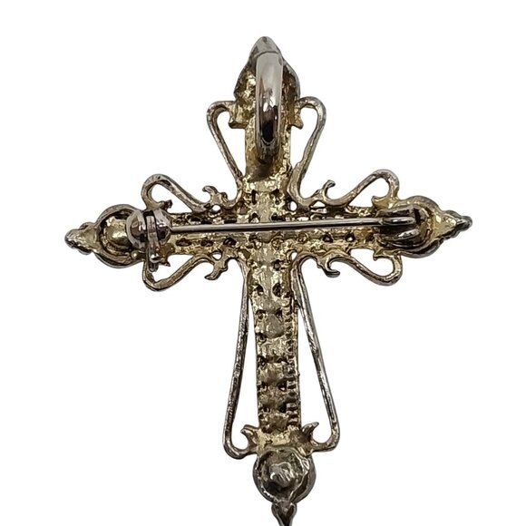 Vintage Aurora Borealis Rhinestone Cross Brooch Pin Ornate Gold Tone Pendant - Picture 2 of 6